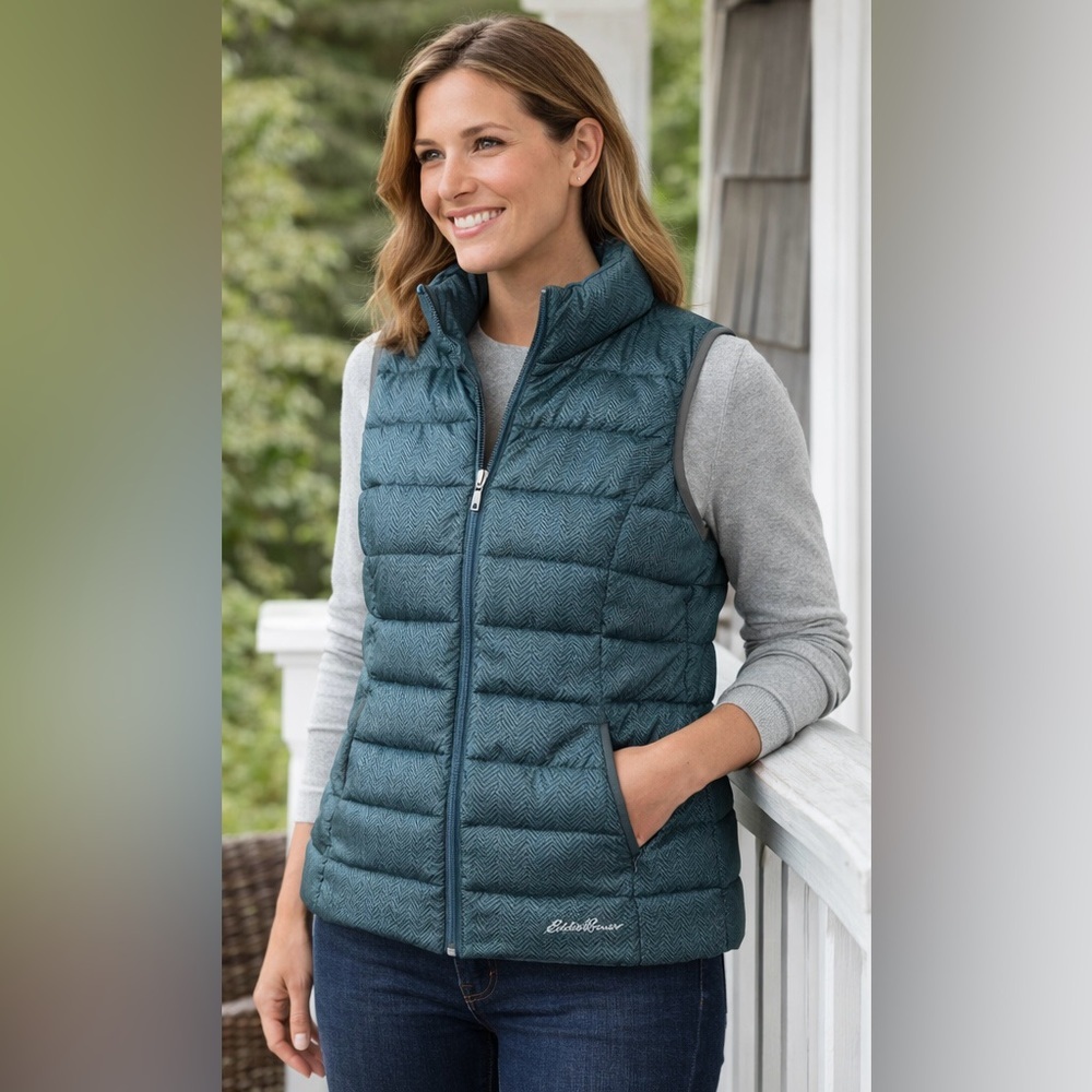 Eddie Bauer Women’s EB650 Down Vest Teal Herringbone – Size Small - Picture 2 of 9